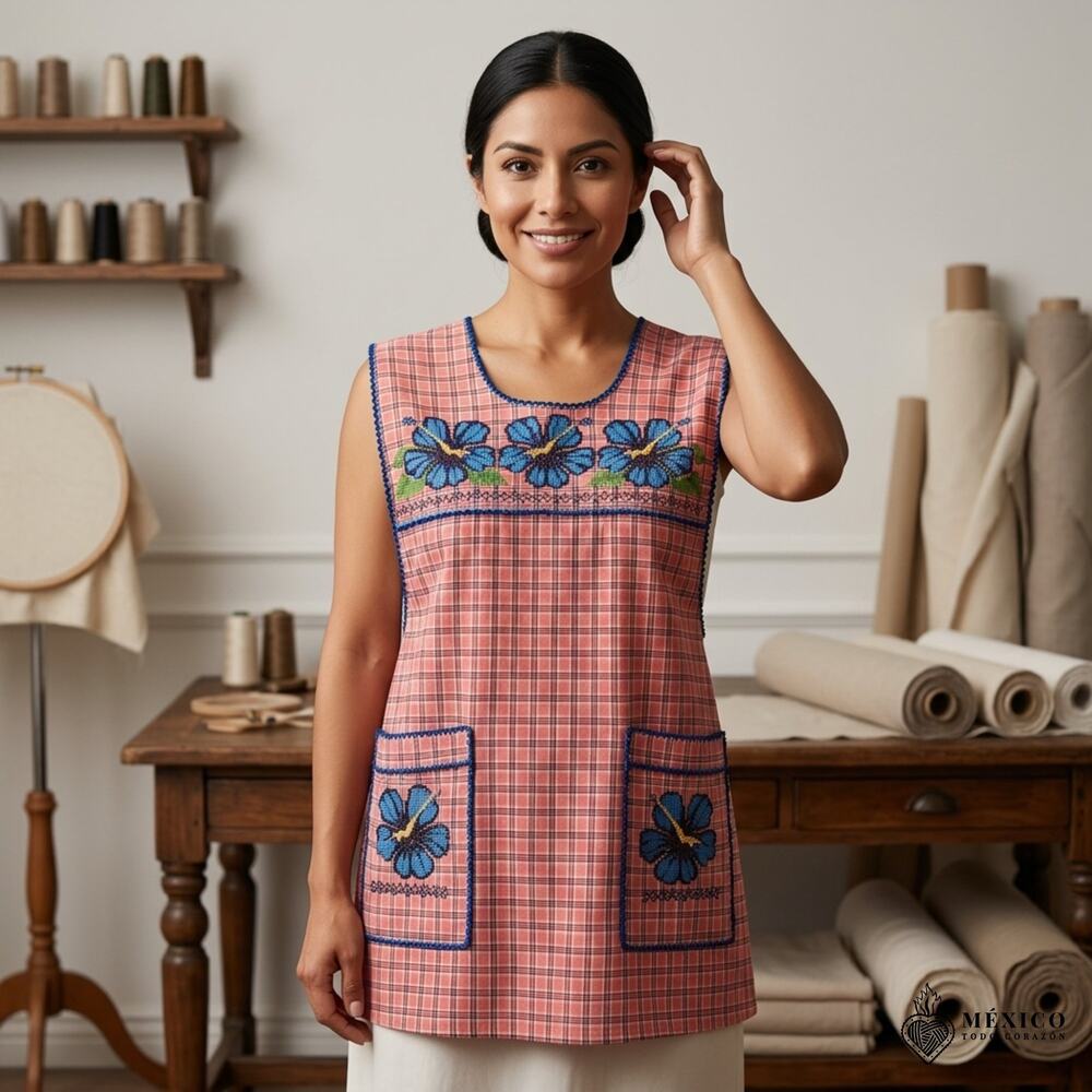 Traditional Mexican Cross-Stitch Embroidered Apron – Deluxe Artisan Smock Style